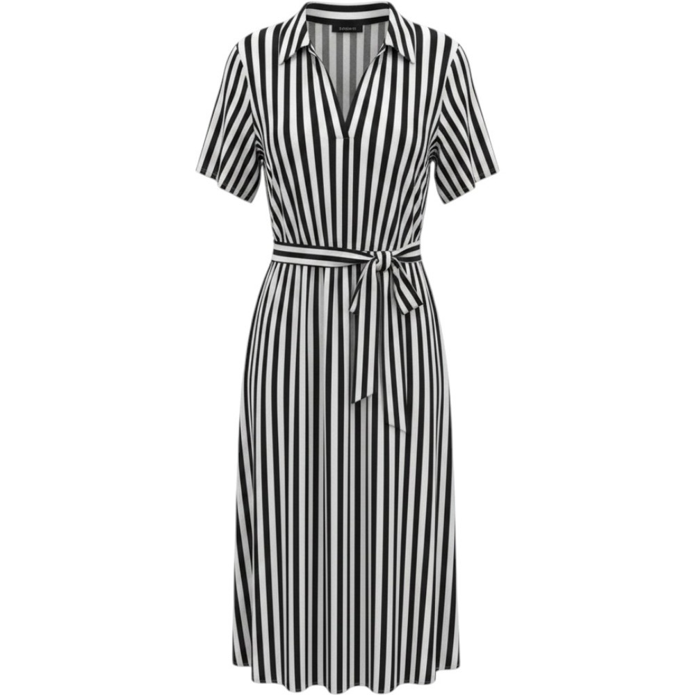 T Tahari Women 2X Black White Striped Belted Shirt Dress Midi Short Sleeve NEW